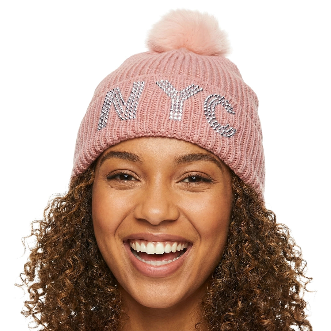 Ladies Stone Studded Pom Pom New York Beanie | NYC Beanie (5 Colors)