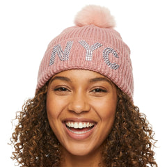 Ladies Stone Studded Pom Pom New York Beanie | NYC Beanie (5 Colors)