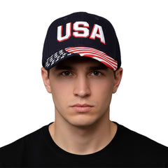 Men's Cotton Twill USA American Flag Cap Patriotic Hat, Navy