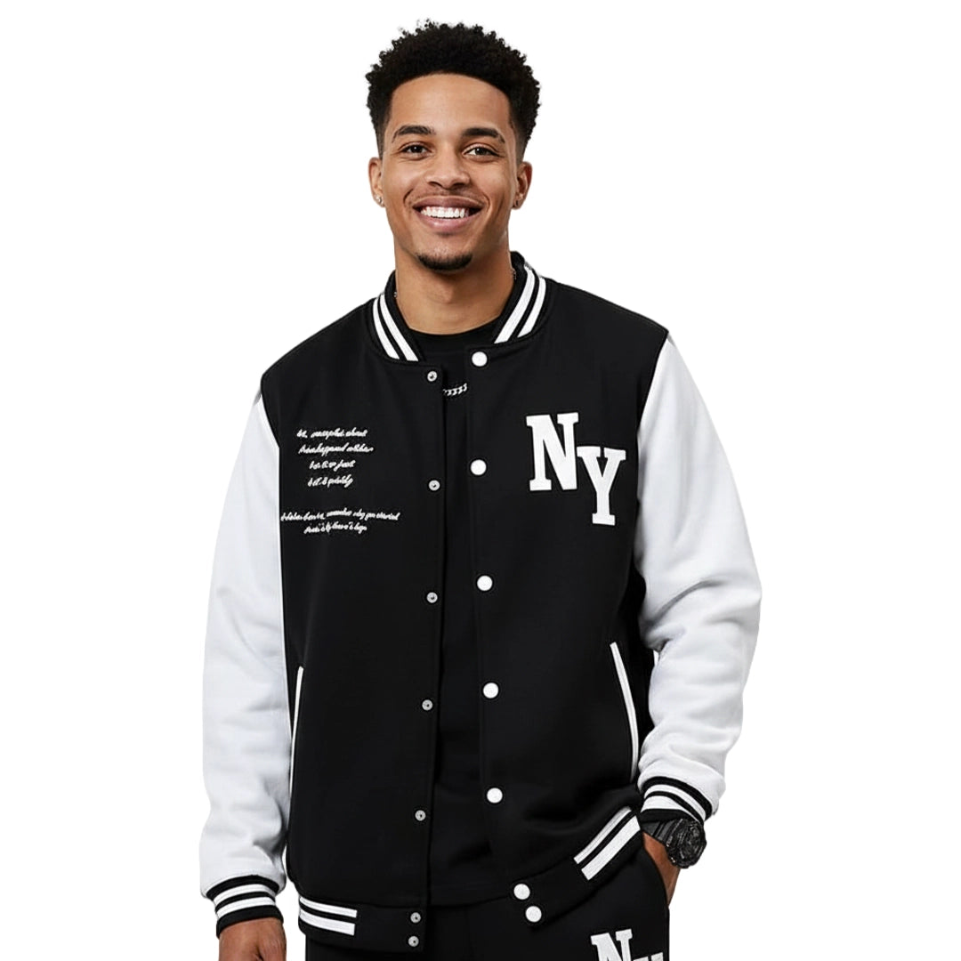 Manfinity Homme Men Plus Size Slogan Graphic Two Tone Varsity Baseball Jacket, Character, Long Sleeve, Going Out, Street Wear, New York, Color Block, For Fall