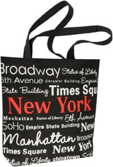 New York City Tote Bag Black Canvas 100% Cotton Red NYC Fashion Tote 14 inches