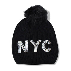 Ladies Stone Studded Pom Pom New York Beanie | NYC Beanie (5 Colors)