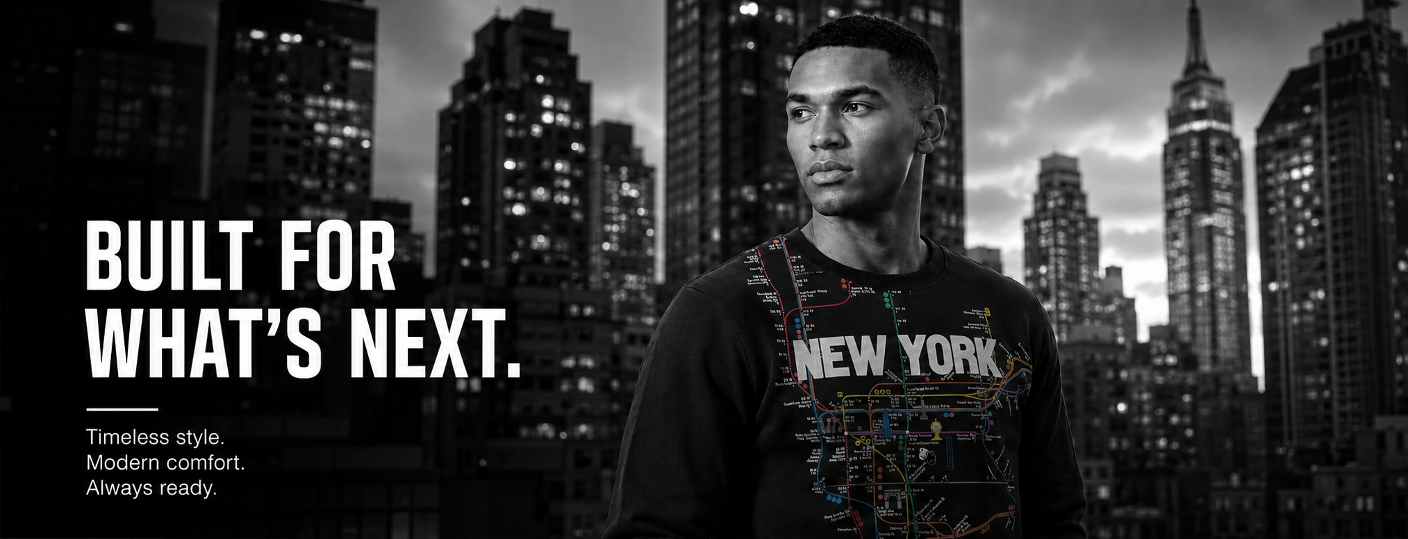 A man wearing a black graphic t-shirt with 'NEW YORK' printed across the chest stands against a black and white city skyline. The left side features the text 'BUILT FOR WHAT'S NEXT.